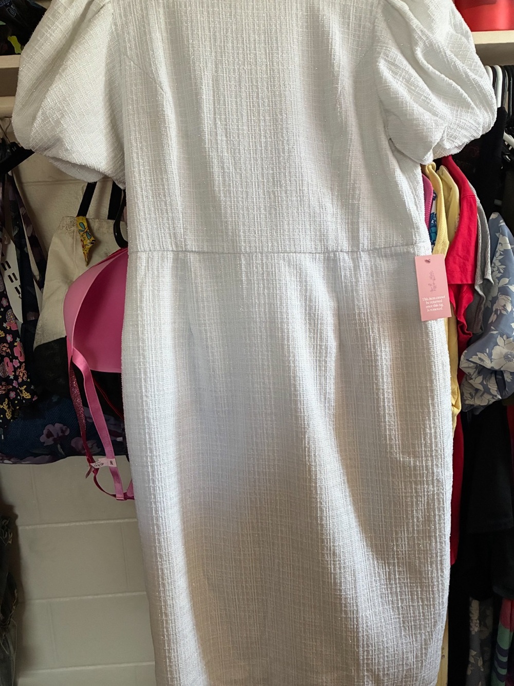 Ivy City Co White Textured Midi Puff-Sleeve Dress